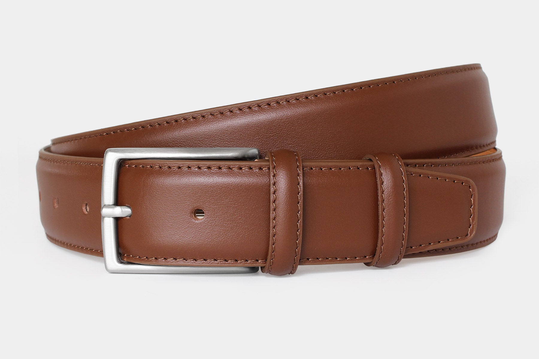 Men’s dark tan genuine Italian calfskin leather belt with classic silver buckle and stitched edge.