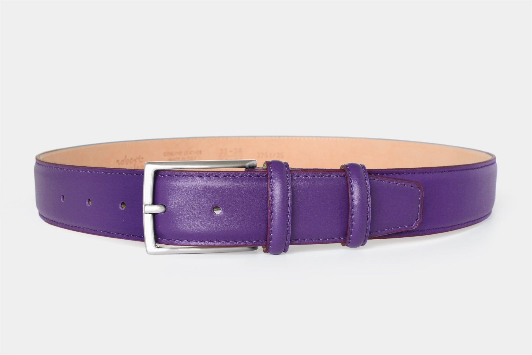 Men’s purple calfskin Italian leather belt with a classic solid brass buckle and stitched edge. Handmade in Italy.