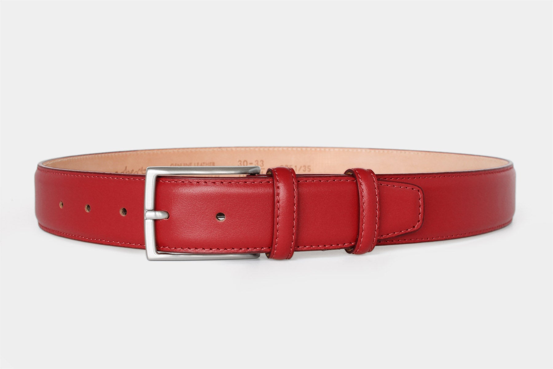 Men’s red calfskin Italian leather belt with a classic solid brass buckle and stitched edge. Handmade in Italy.