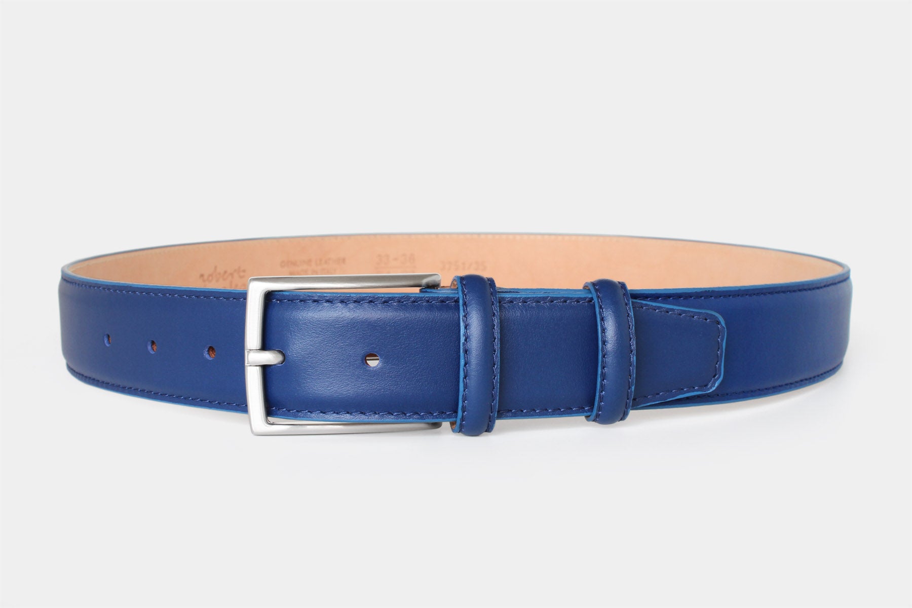 Men’s blue calfskin Italian leather belt with a classic solid brass buckle and stitched edge. Handmade in Italy.