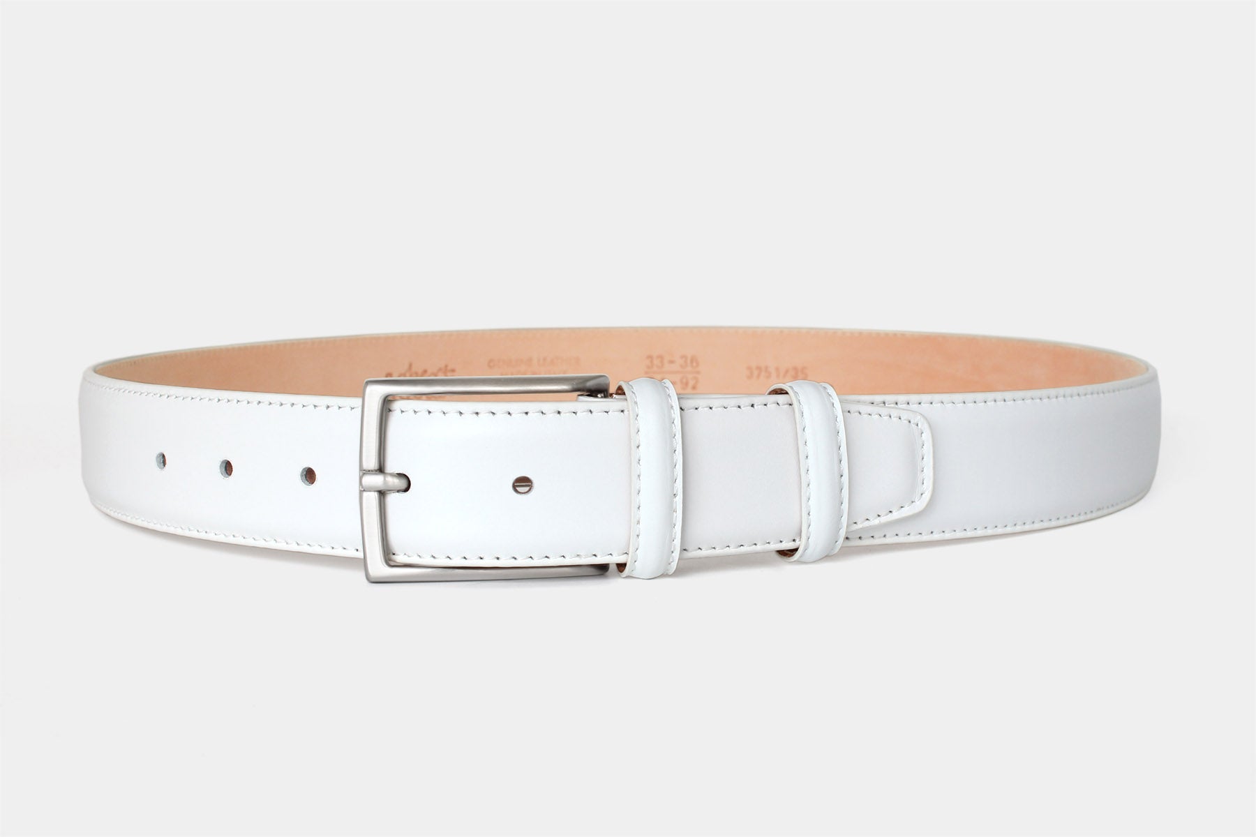 Men’s white calfskin Italian leather belt with a classic solid brass buckle and stitched edge. Handmade in Italy.
