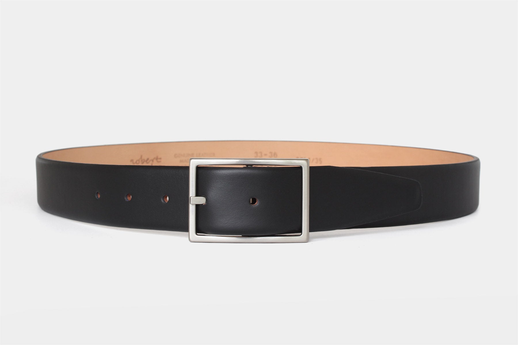 Women's black soft Italian calfskin leather belt with a feather edge finish and slim silver buckle. Made in Italy.