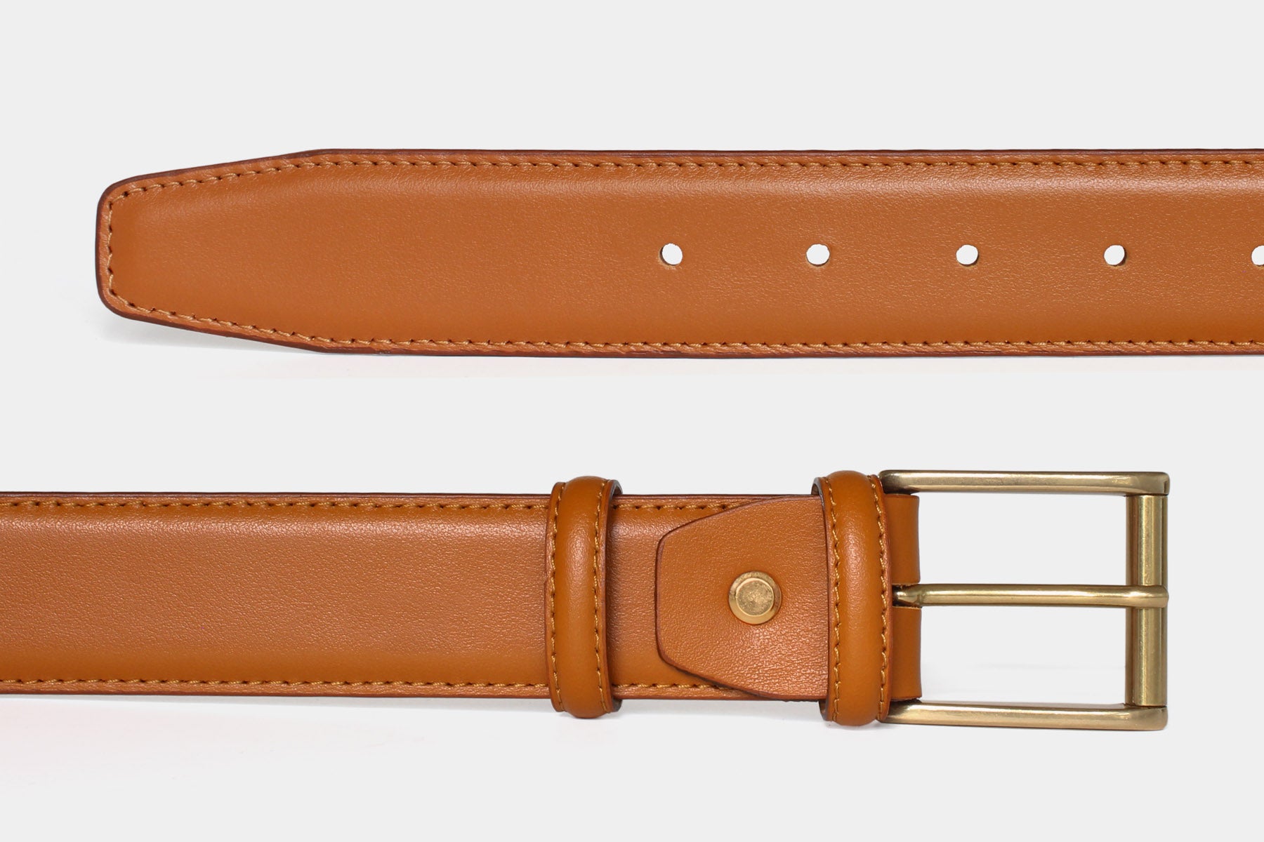 Women's tan soft Italian calfskin leather belt with gold roller buckle. Handmade in Italy.
