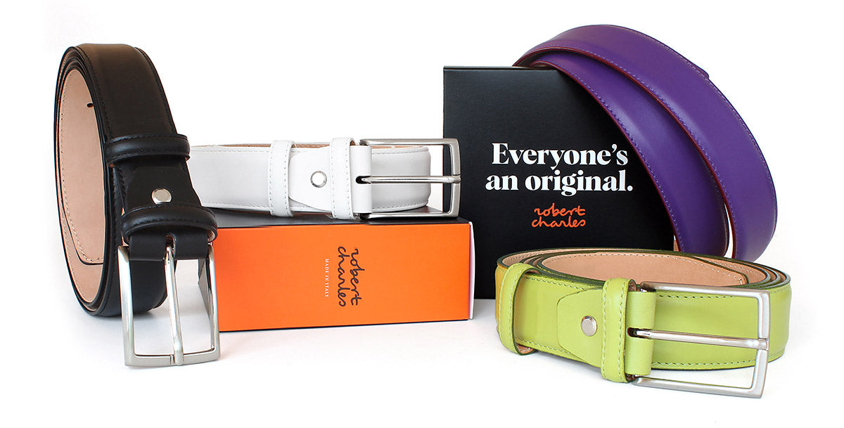 Premium calfskin Italian leather belts in a spectrum of colours, displayed with Robert Charles gift box