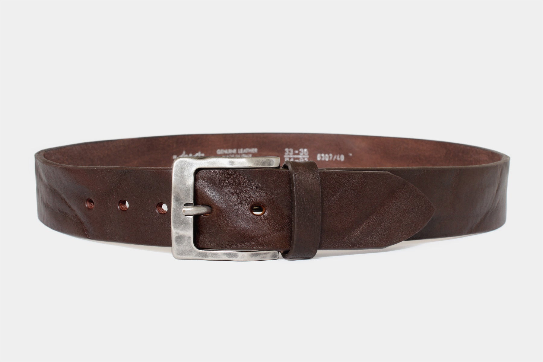 Men’s brown Italian solid hide leather jeans belt with weathered buckle. Handmade in Italy.