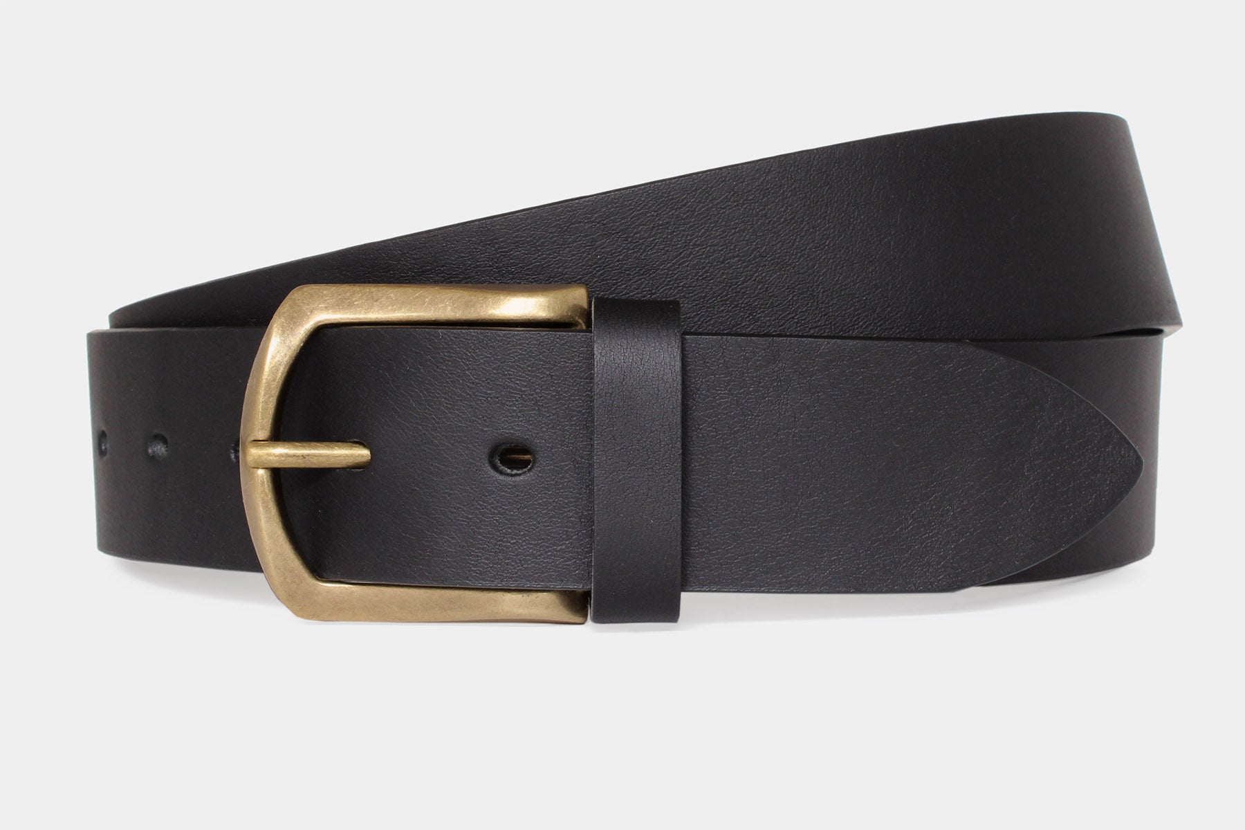 Men’s black Italian solid hide leather jeans belt with gold brass buckle. Raw cut and vegetable tanned.