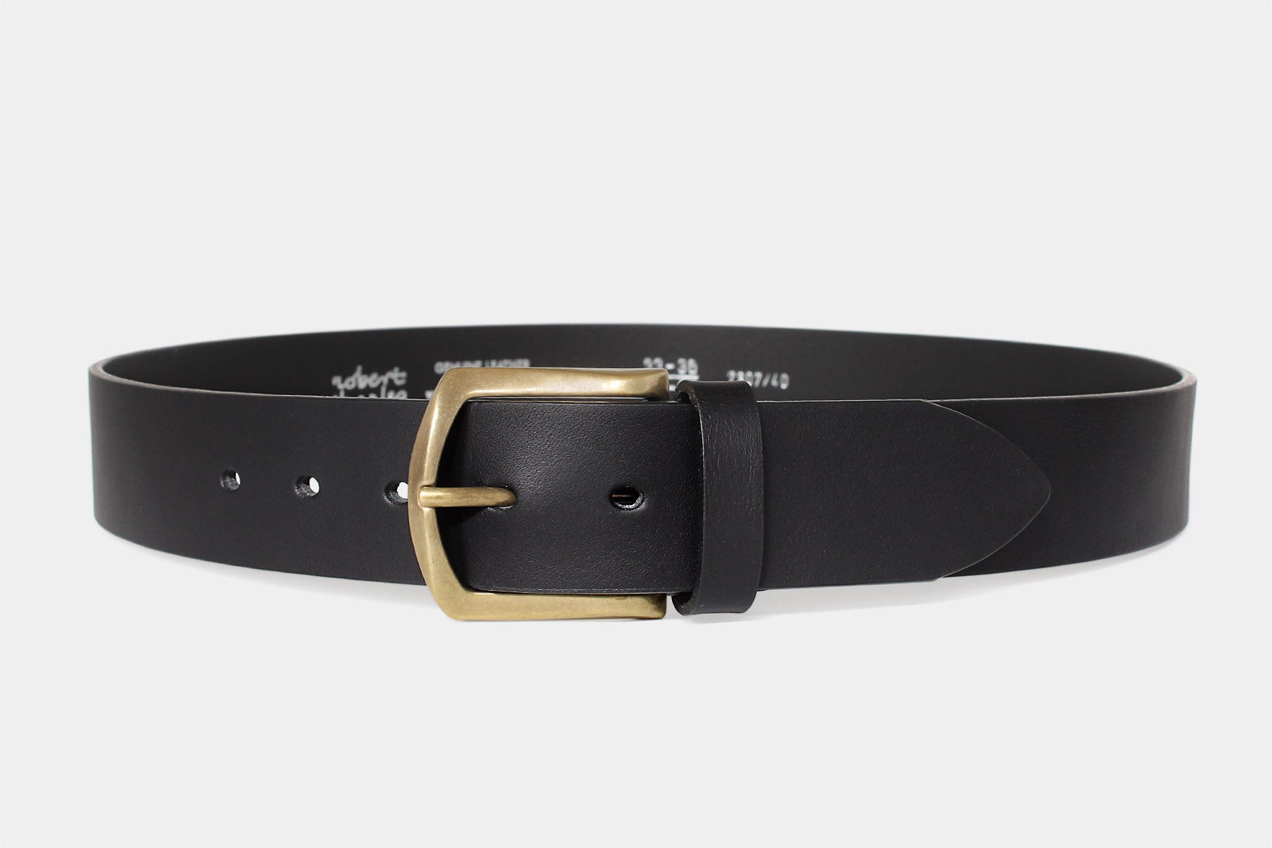 Men’s black Italian solid hide leather jeans belt with gold brass buckle. Handmade in Italy.