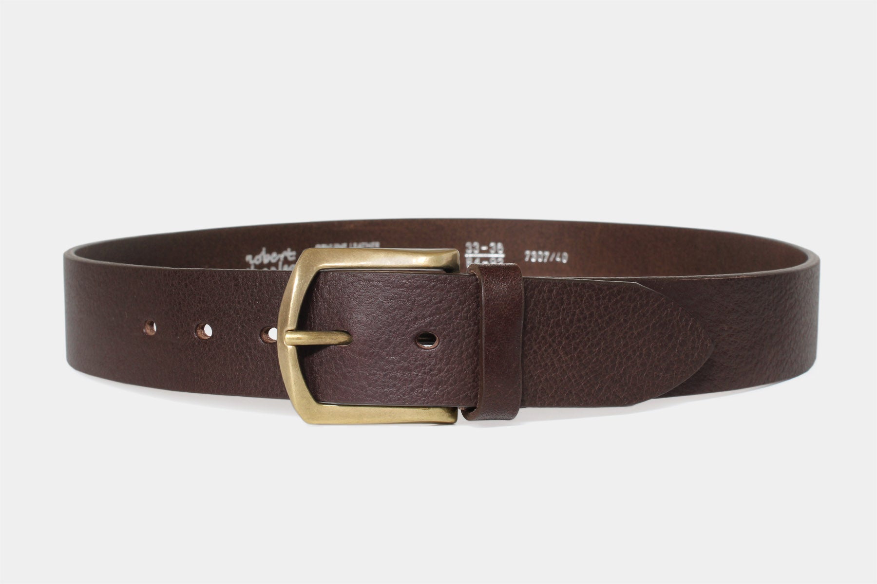 Men’s brown Italian solid hide leather jeans belt with gold brass buckle. Handmade in Italy.