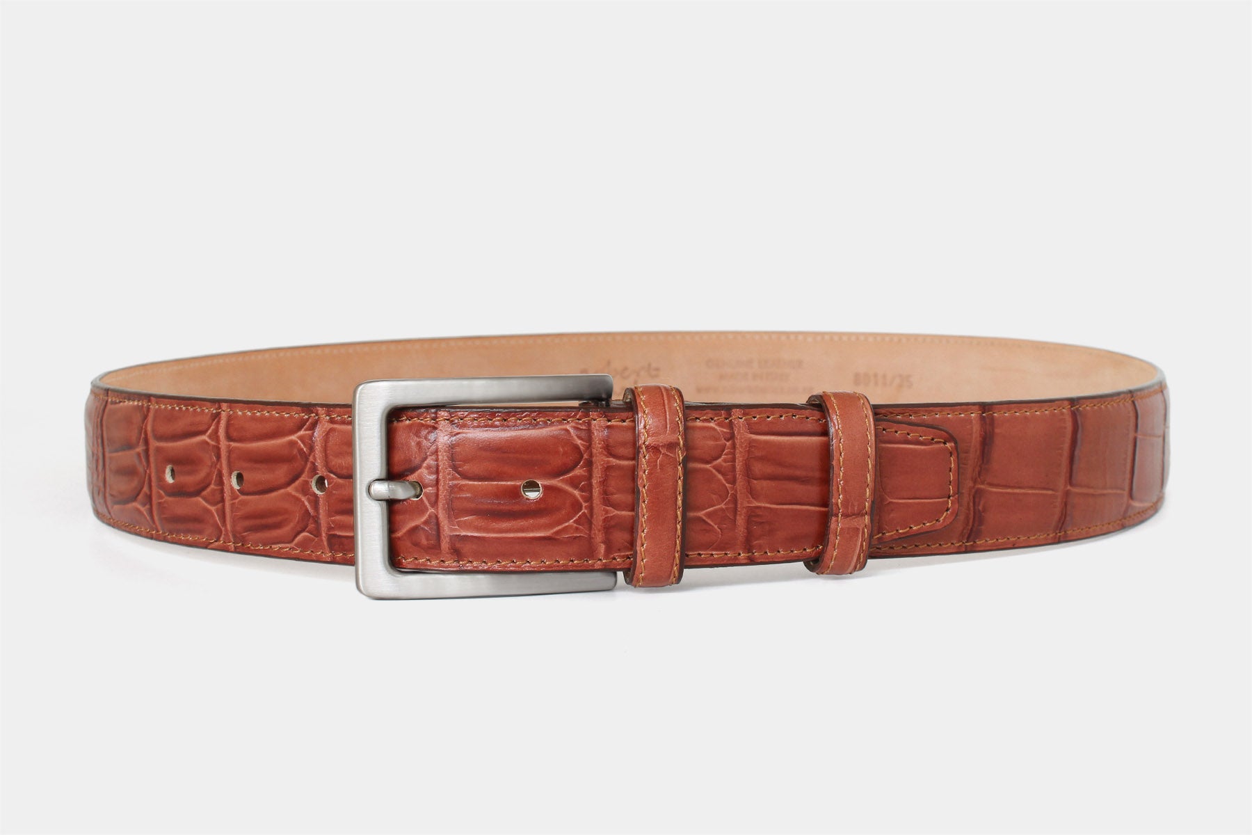 Men's copper red crocodile genuine leather belt handmade in Italy with silver buckle.