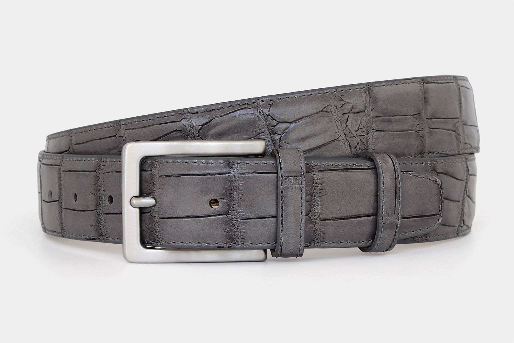Men's grey crocodile genuine leather belt handmade in Italy with silver buckle, angled product view