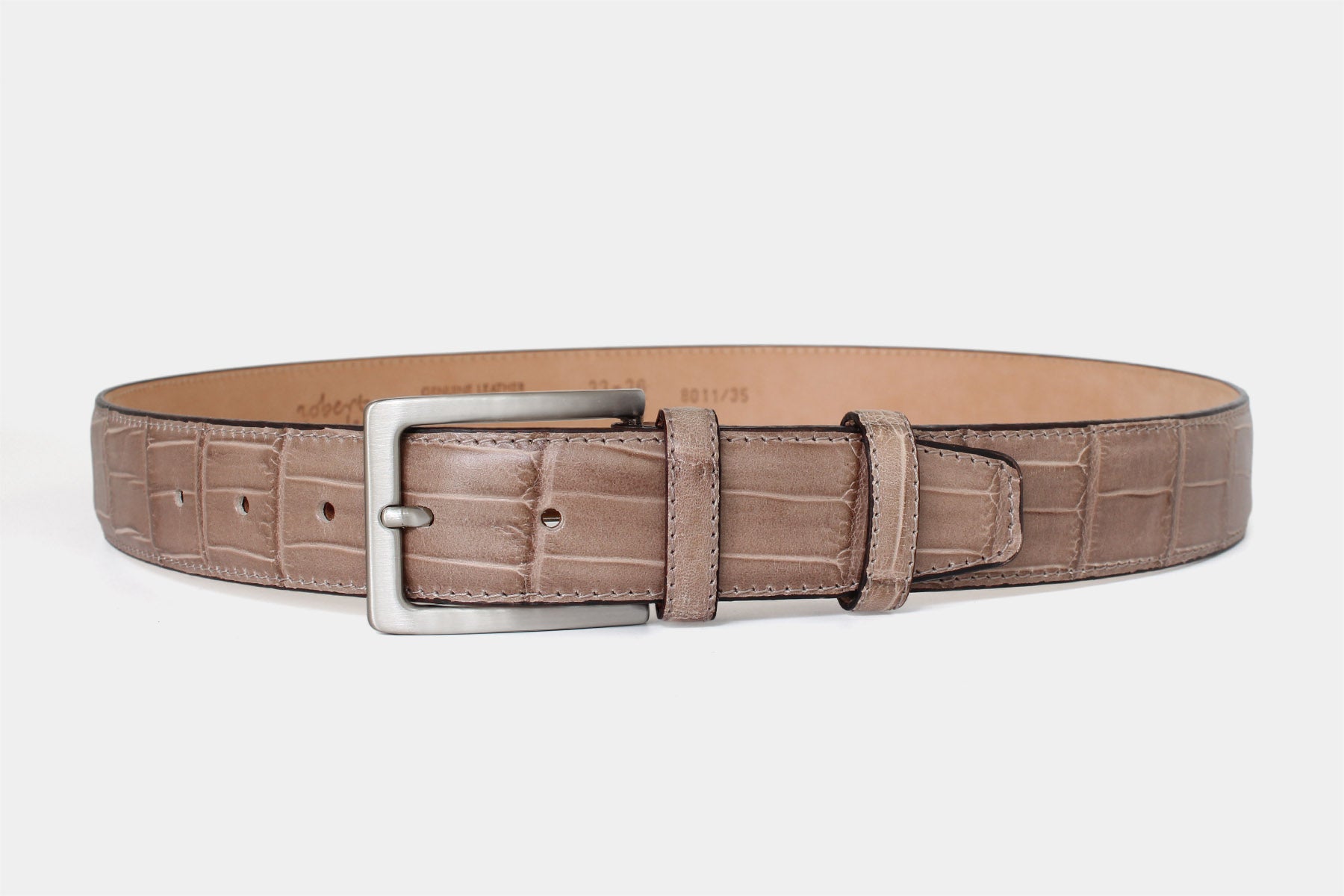 Men's mocha crocodile genuine leather belt handmade in Italy with silver buckle.