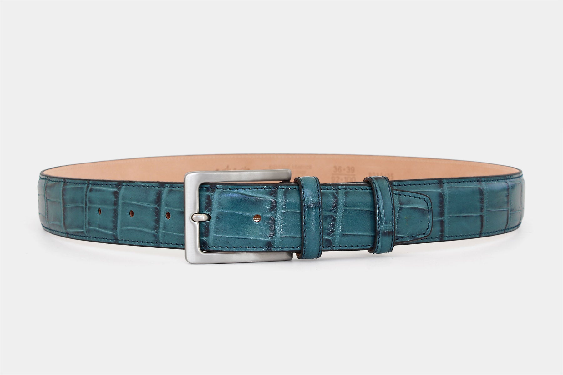 Men's petrol crocodile genuine leather belt handmade in Italy with silver buckle.