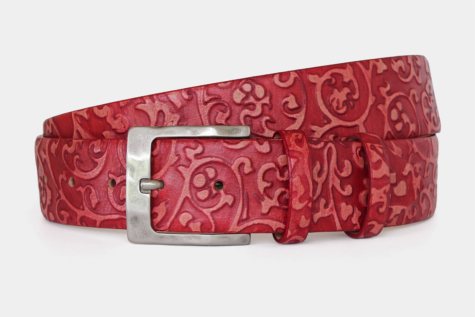 Men’s red flora embossed Italian leather belt with vintage weathered buckle. Made in Italy.