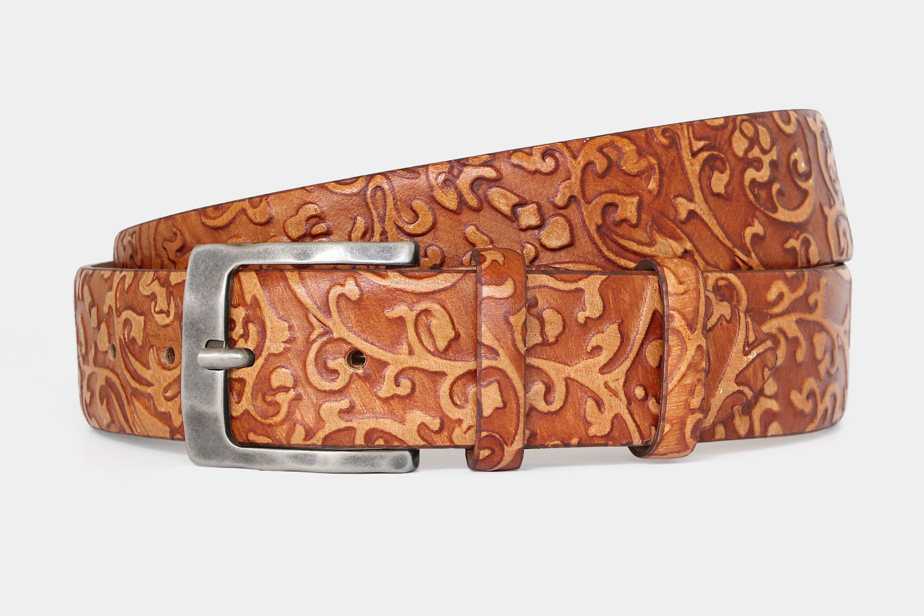 Men’s tan Italian genuine leather belt with silver buckle and vintage-inspired embossing. Handmade in Italy.