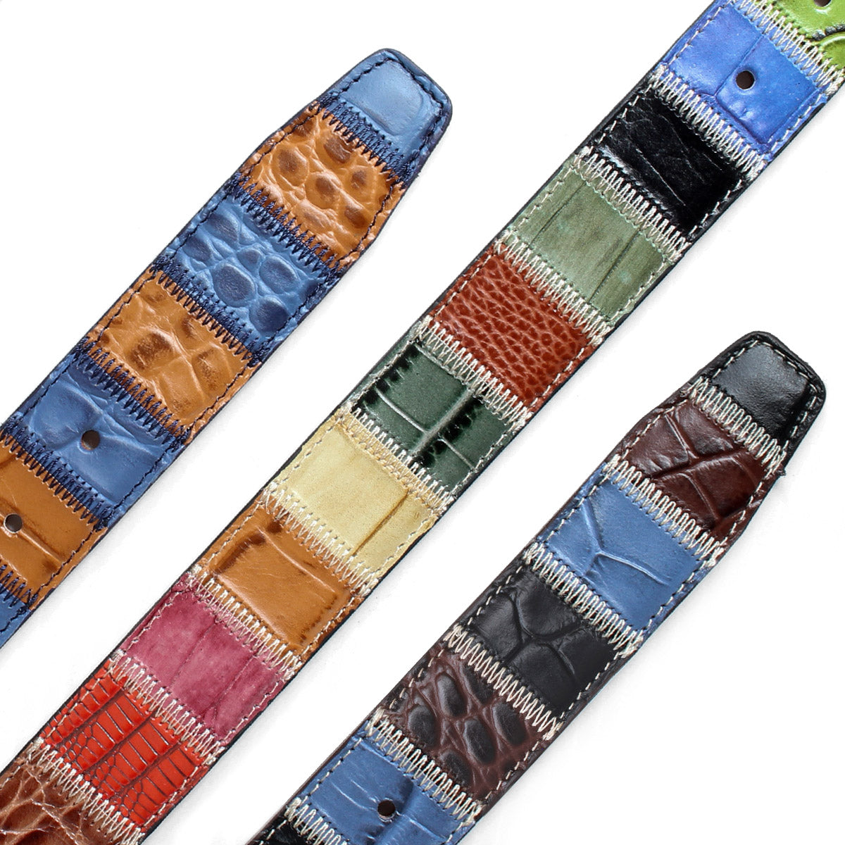 Men’s Italian leather patchwork belts in multicolour designs with exotic print textures, handcrafted in Italy.