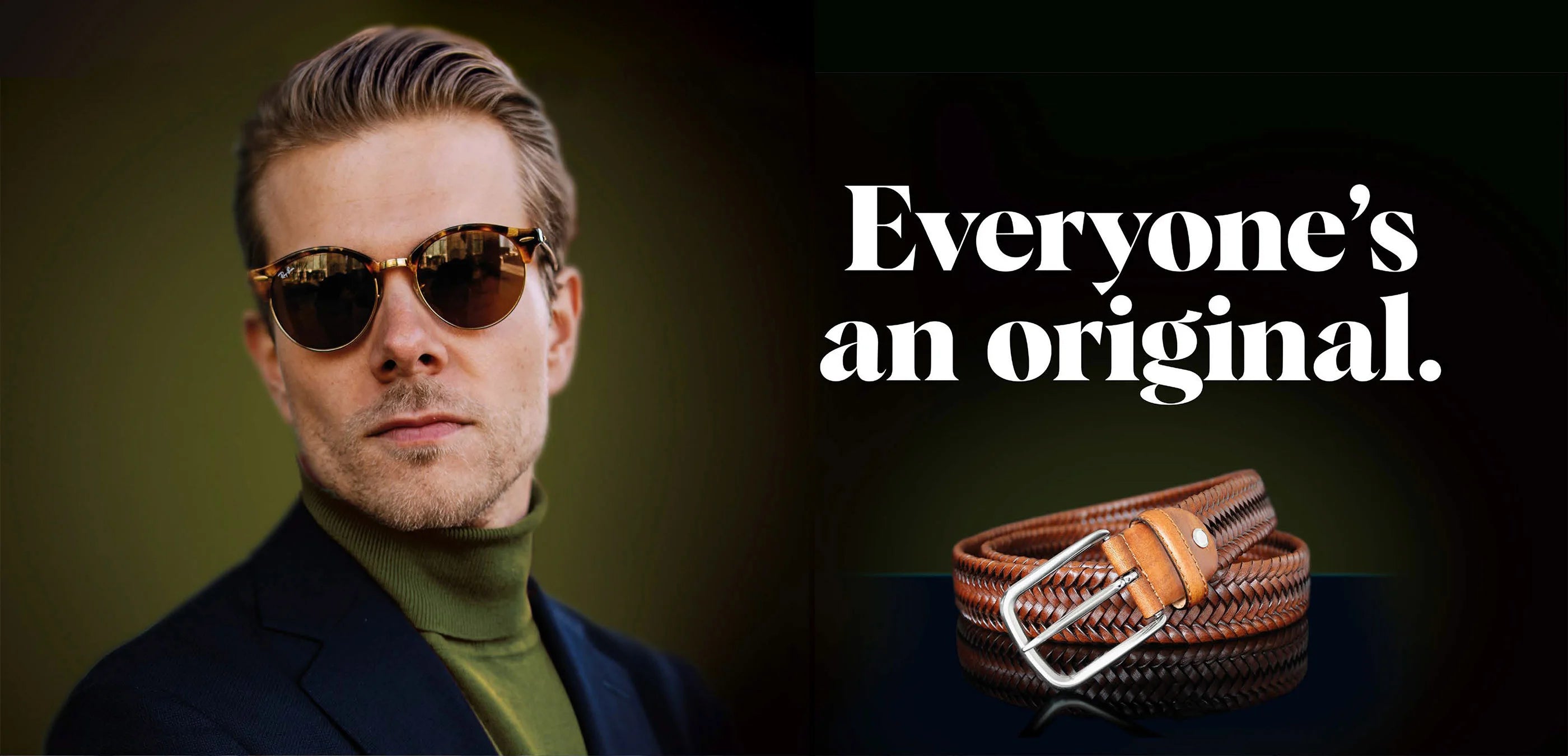 Braided tan Italian leather Robert Charles belt beside man dressed in refined, contemporary style.