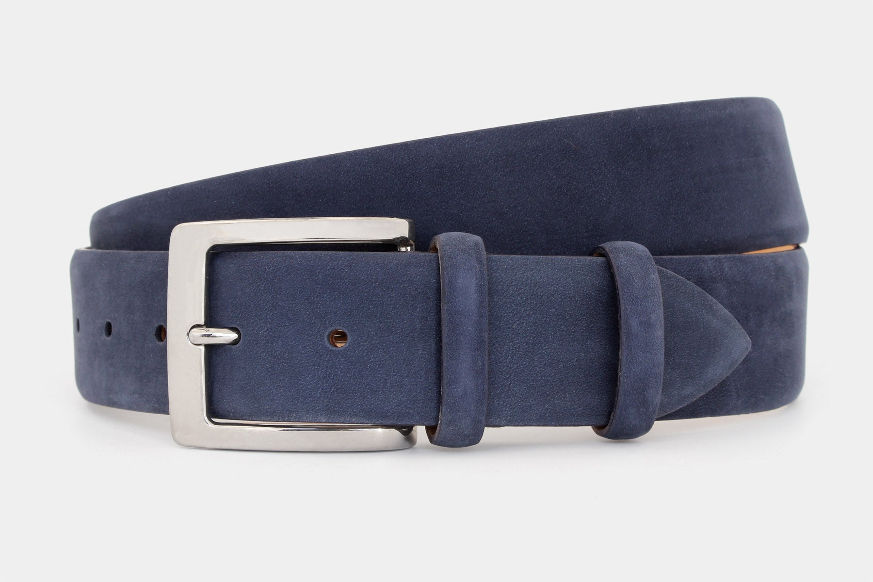Men's soft blue nubuck genuine Italian leather belt with polished solid brass buckle. Handmade in Italy.