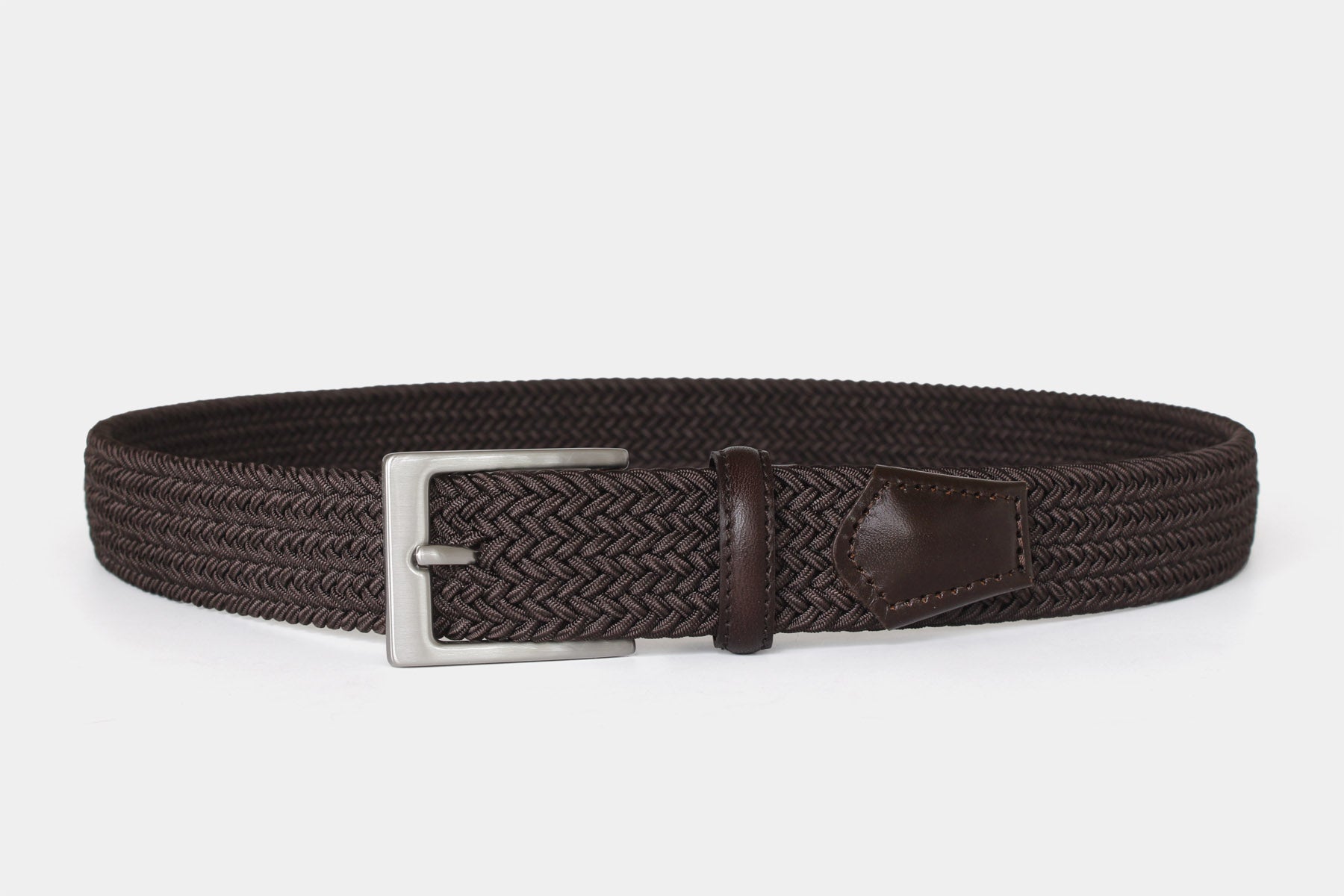 Men’s brown slim elastic woven belt with silver solid brass buckle. Handmade in Italy. 
