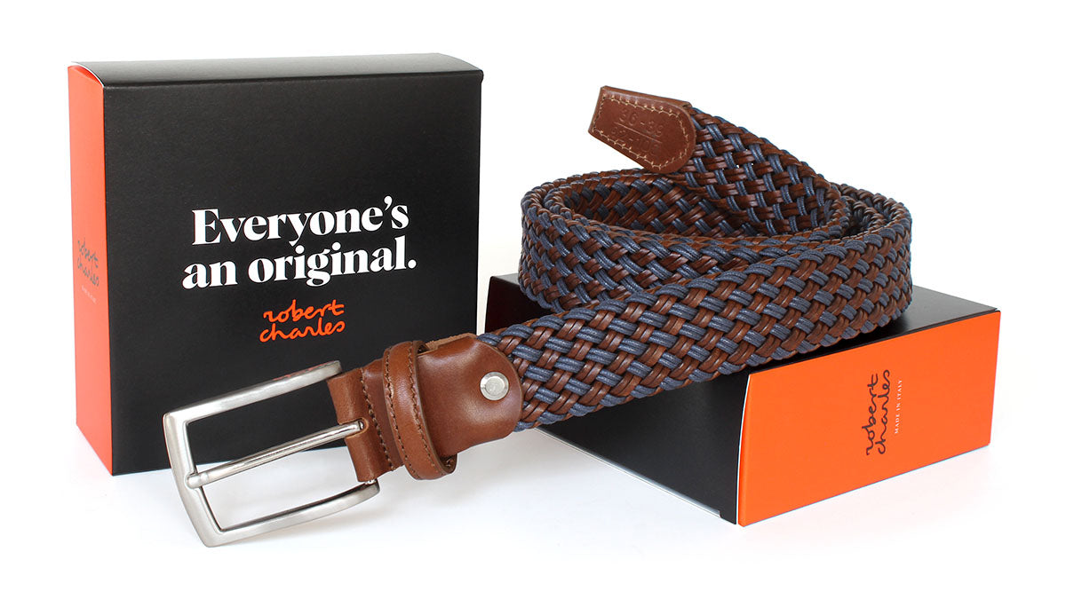 Handmade brown and blue braided Italian leather belt with silver buckle, displayed with Robert Charles gift box 