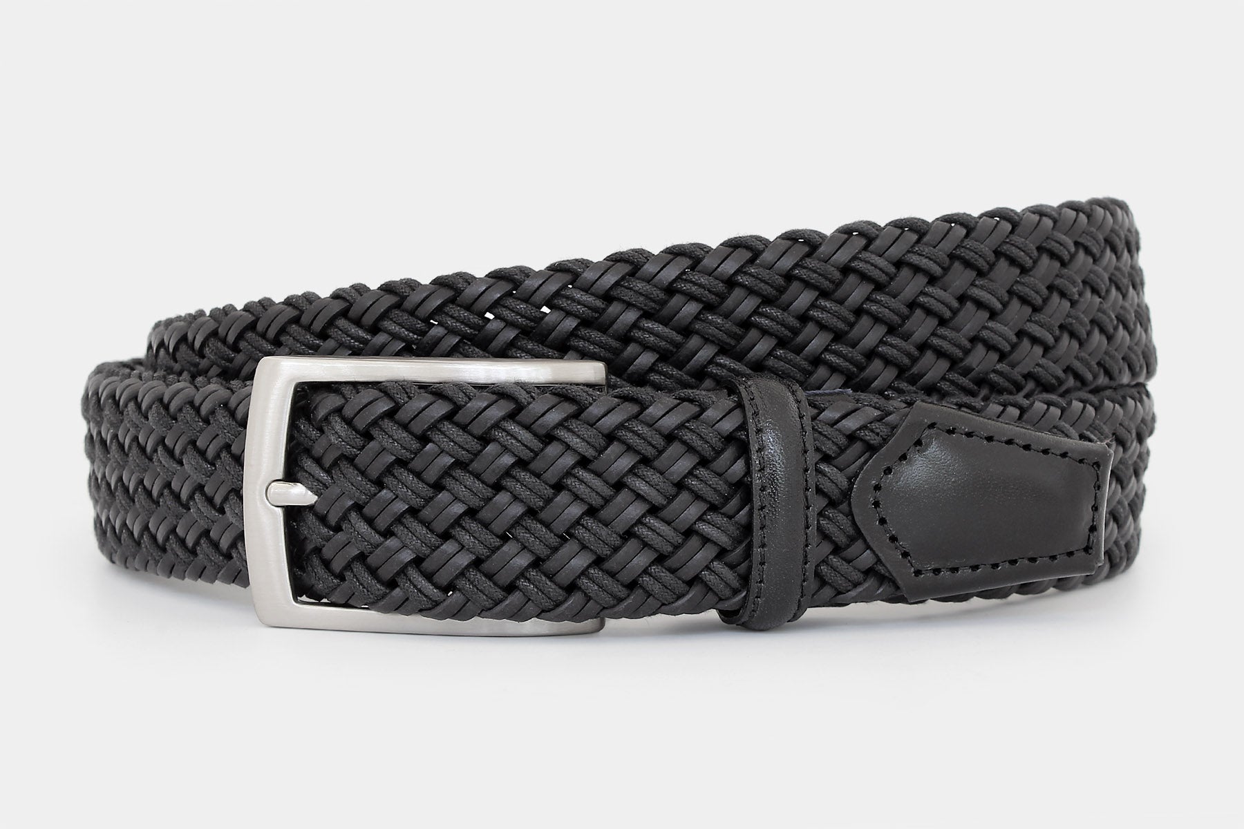 Men’s black braided leather belt with silver buckle. Handwoven in Italy from genuine Italian leather.
