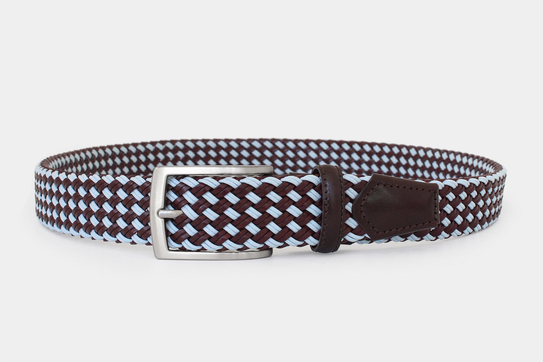 Men’s brown and ice blue braided belt. Handwoven Italian genuine leather with silver buckle. Handmade in Italy.