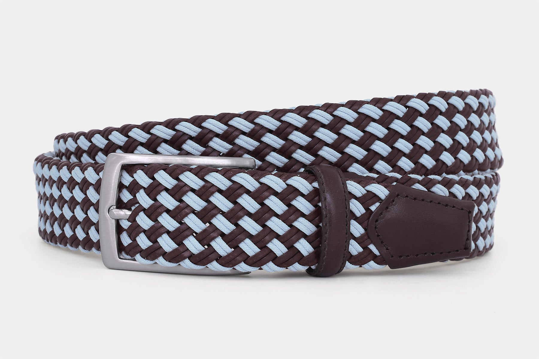 Men’s brown and ice blue braided leather belt with silver buckle. Handwoven in Italy from genuine Italian leather.