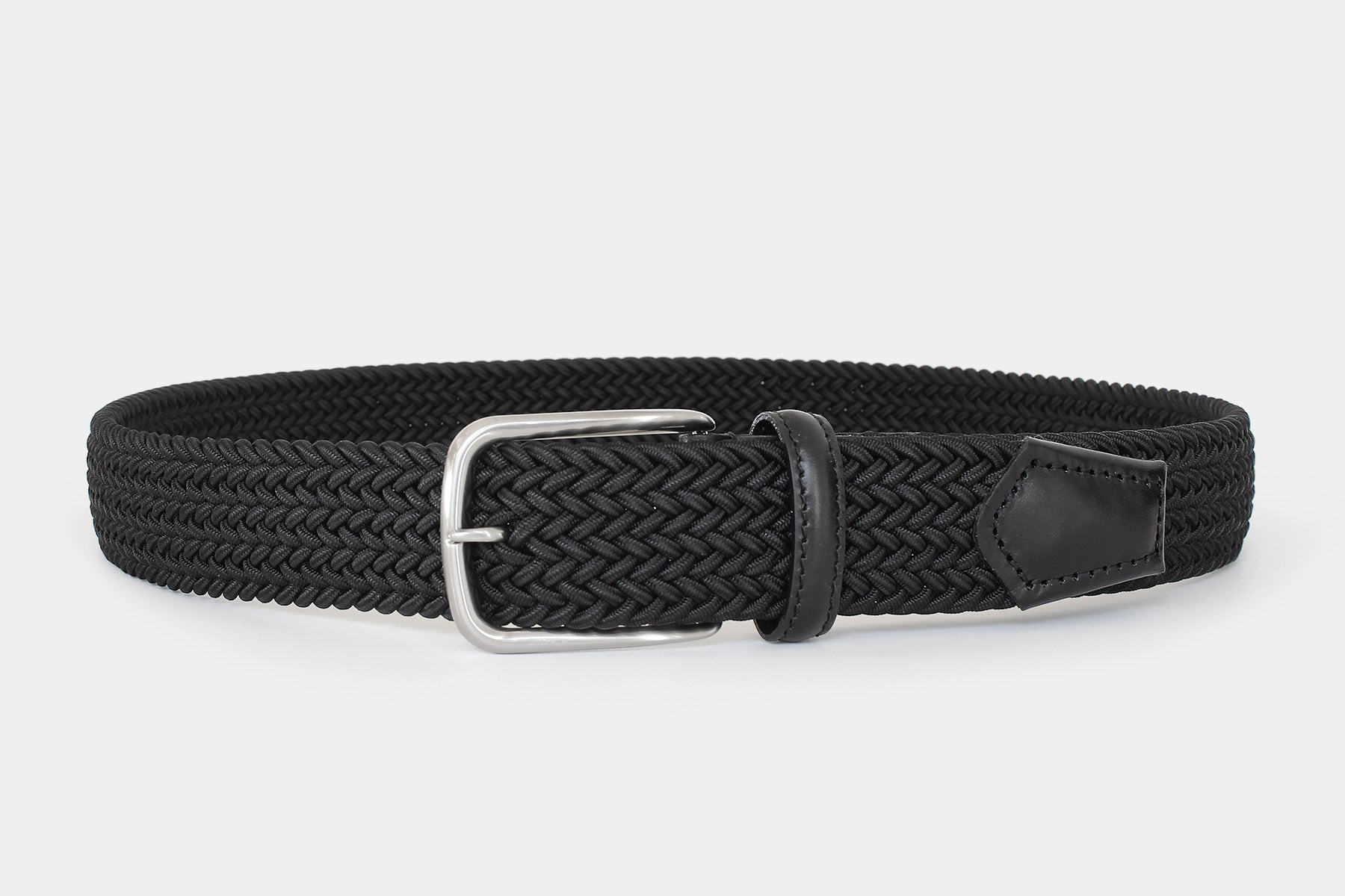 Men’s black elastic woven belt with silver buckle. Handmade in Italy. Flexible for all day comfort.