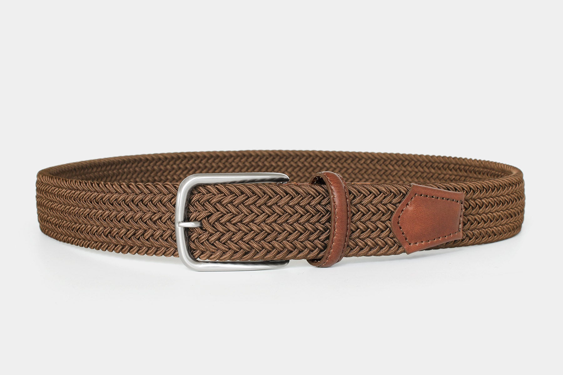 Men’s bronze elastic woven belt with silver buckle. Handmade in Italy. Flexible for all day comfort.
