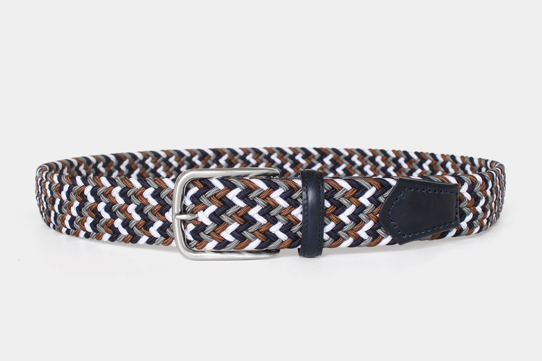 Men’s navy, white, brown, grey elastic woven belt with silver buckle. Handmade in Italy. Flexible for all day comfort.