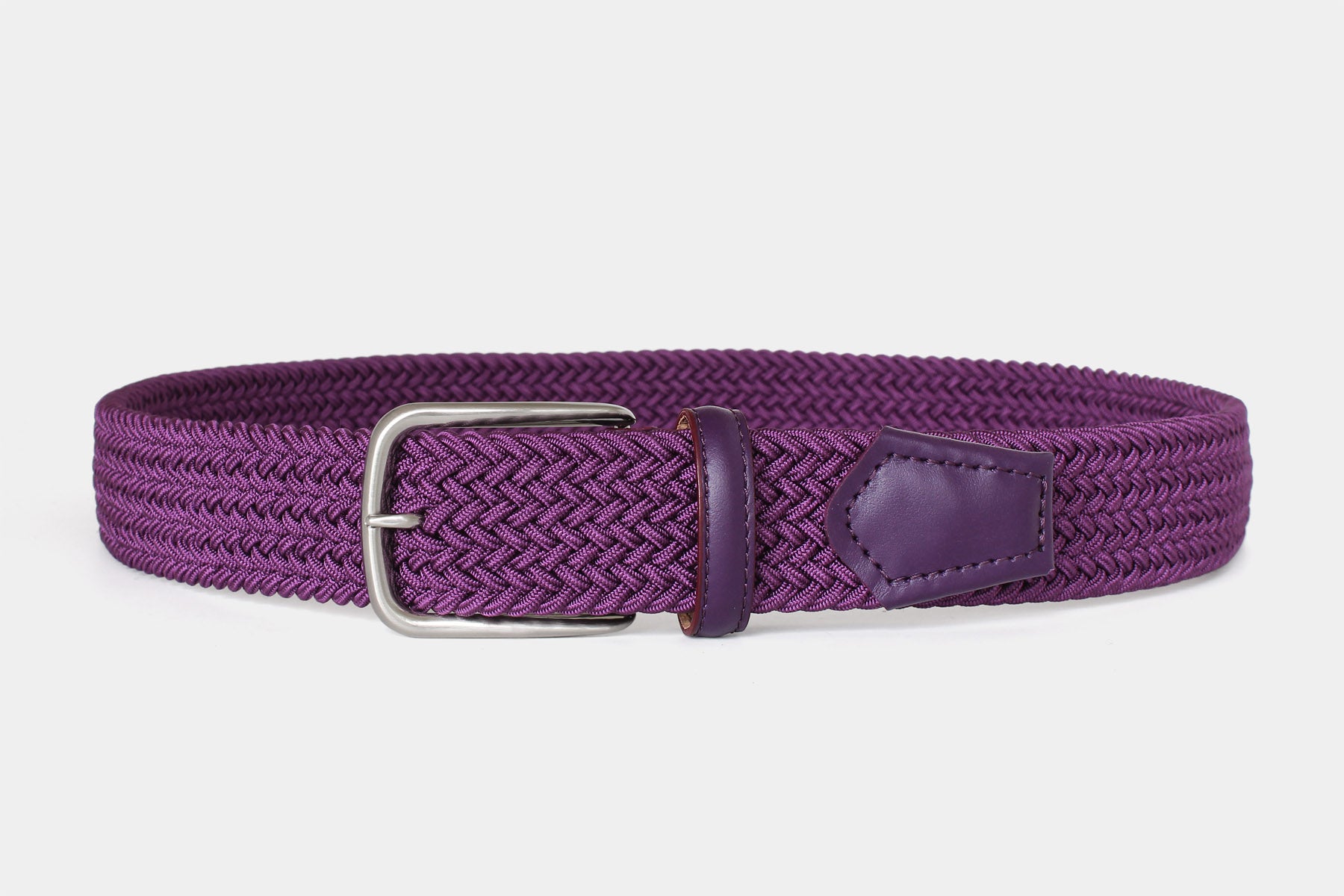 Men’s purple elastic woven belt with silver buckle. Handmade in Italy. Flexible for all day comfort.
