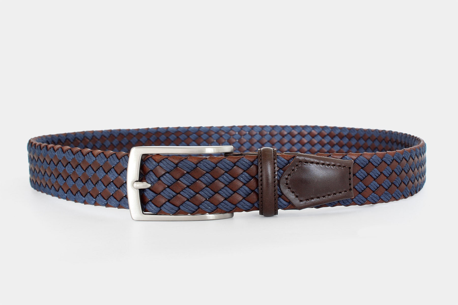 Men’s brown and navy braided belt. Handwoven Italian genuine leather with silver buckle. Handmade in Italy.