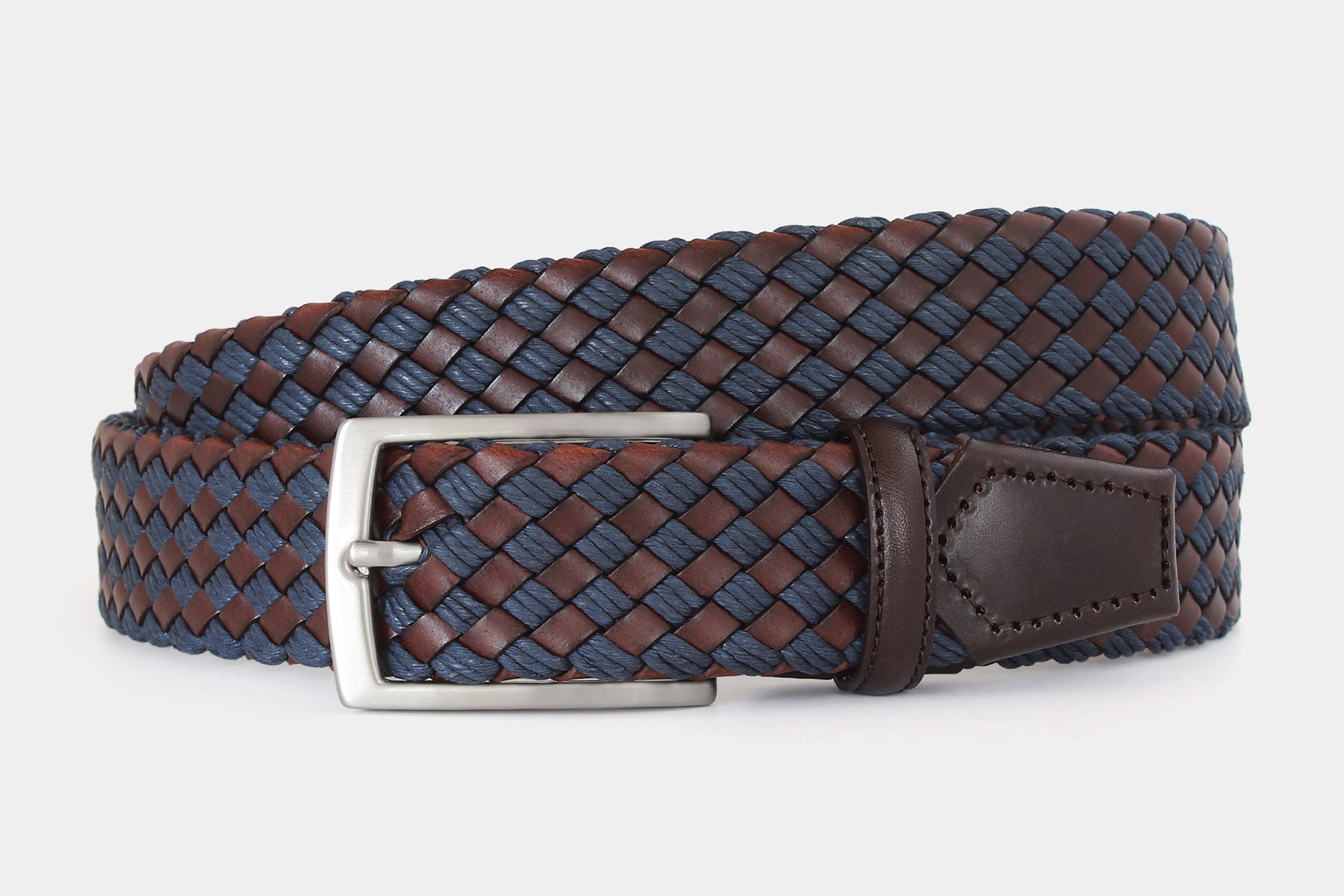 Men’s brown and navy braided belt. Handwoven Italian genuine leather with silver buckle. Handmade in Italy.