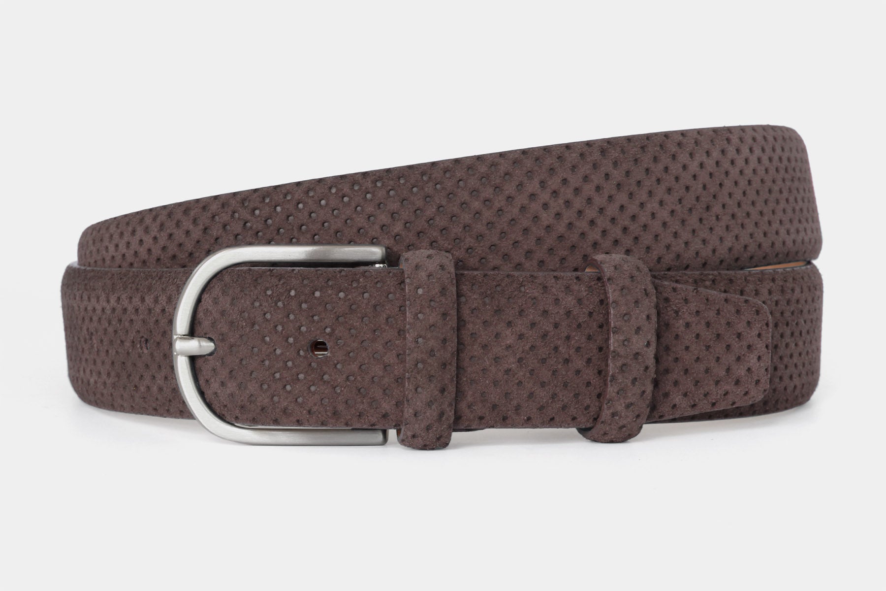 Men’s brown perforated suede Italian leather belt with rounded silver buckle. Made in Italy.