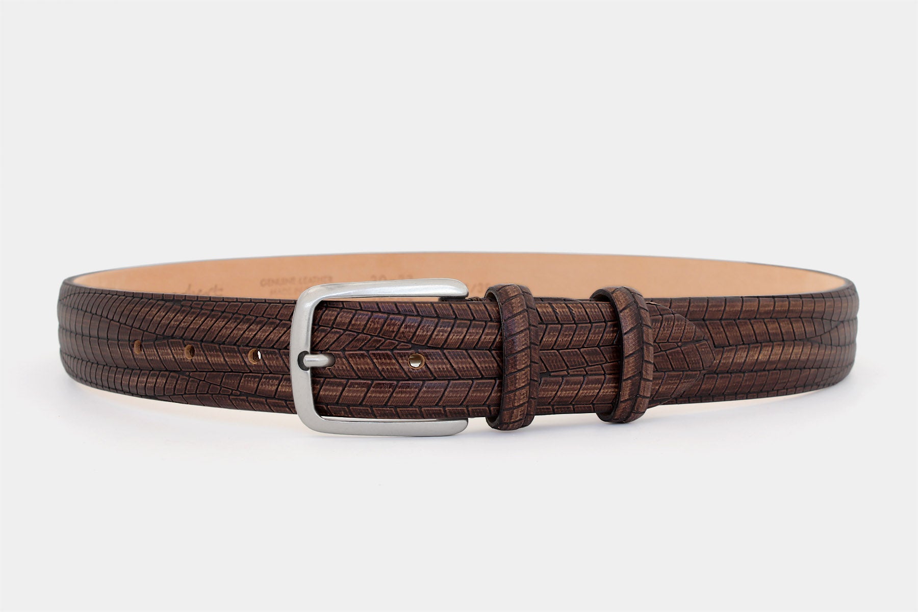 Men's brown embossed genuine leather belt handmade in Italy with silver buckle.