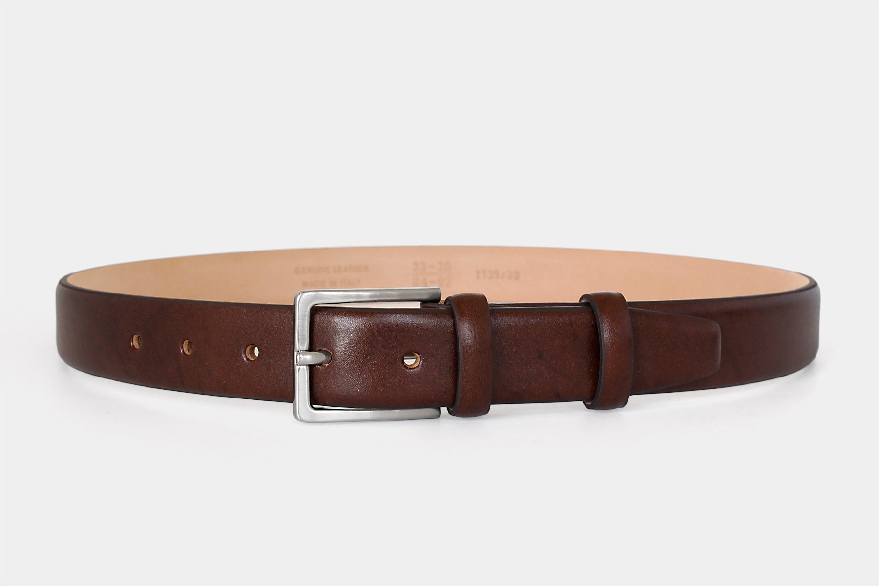 Men’s brown genuine Italian leather belt handmade in Italy with silver buckle. Slim 30mm wide.