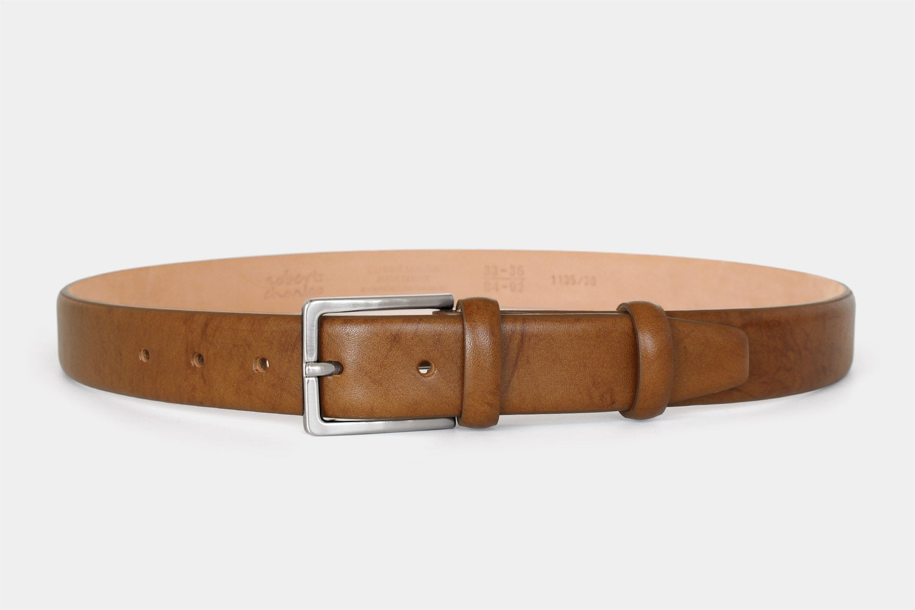 Men’s tan genuine Italian leather belt handmade in Italy with silver buckle. Slim 30mm wide.