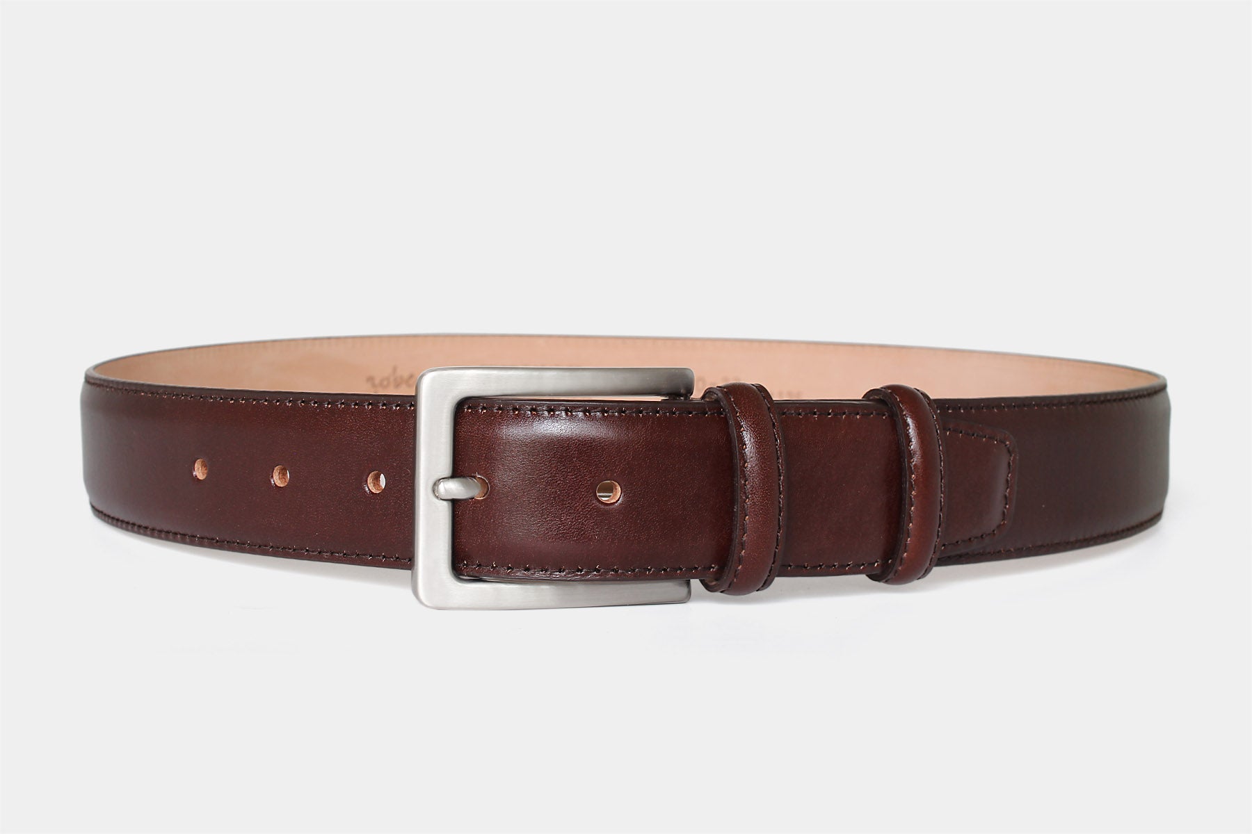 Men’s brown genuine Italian leather belt handmade in Italy with silver buckle and stitched edge.