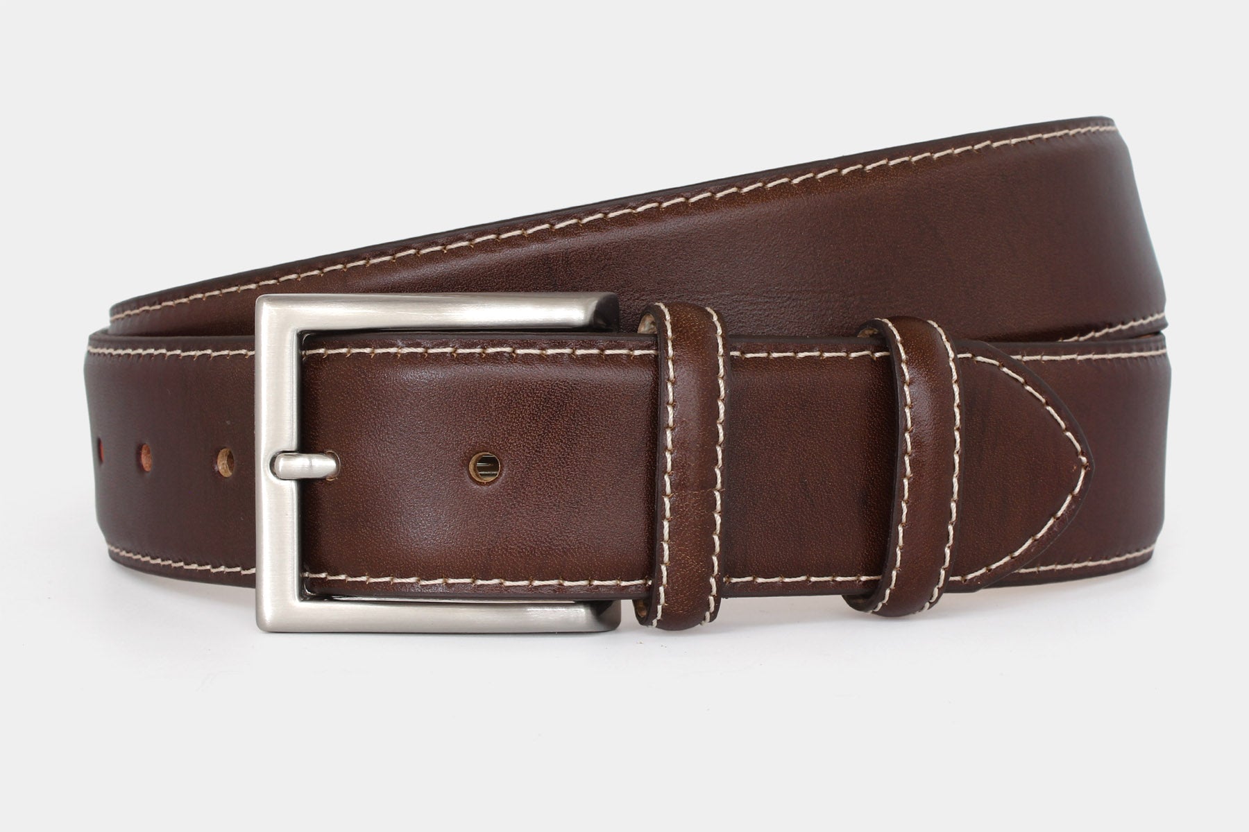 Men’s brown vegetable-tanned Italian leather belt handmade in Italy with silver buckle and contrast stitching.