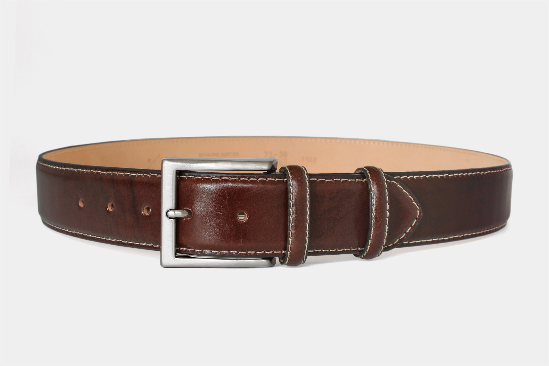Men’s brown genuine Italian leather belt handmade in Italy with silver buckle and contrast stitching. 40mm wide.