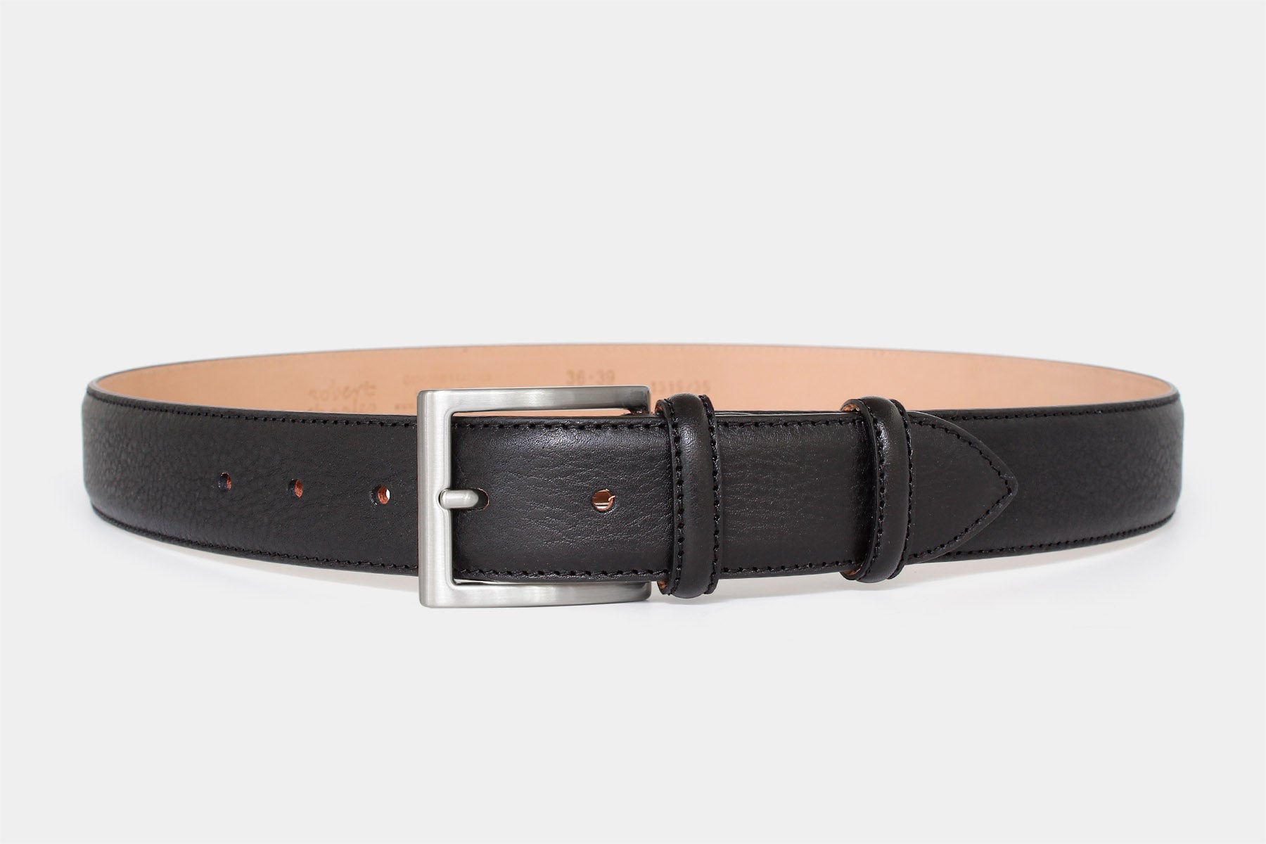 Men’s classic black vegetable-tanned grained Italian leather belt with silver buckle. Handmade in Italy.
