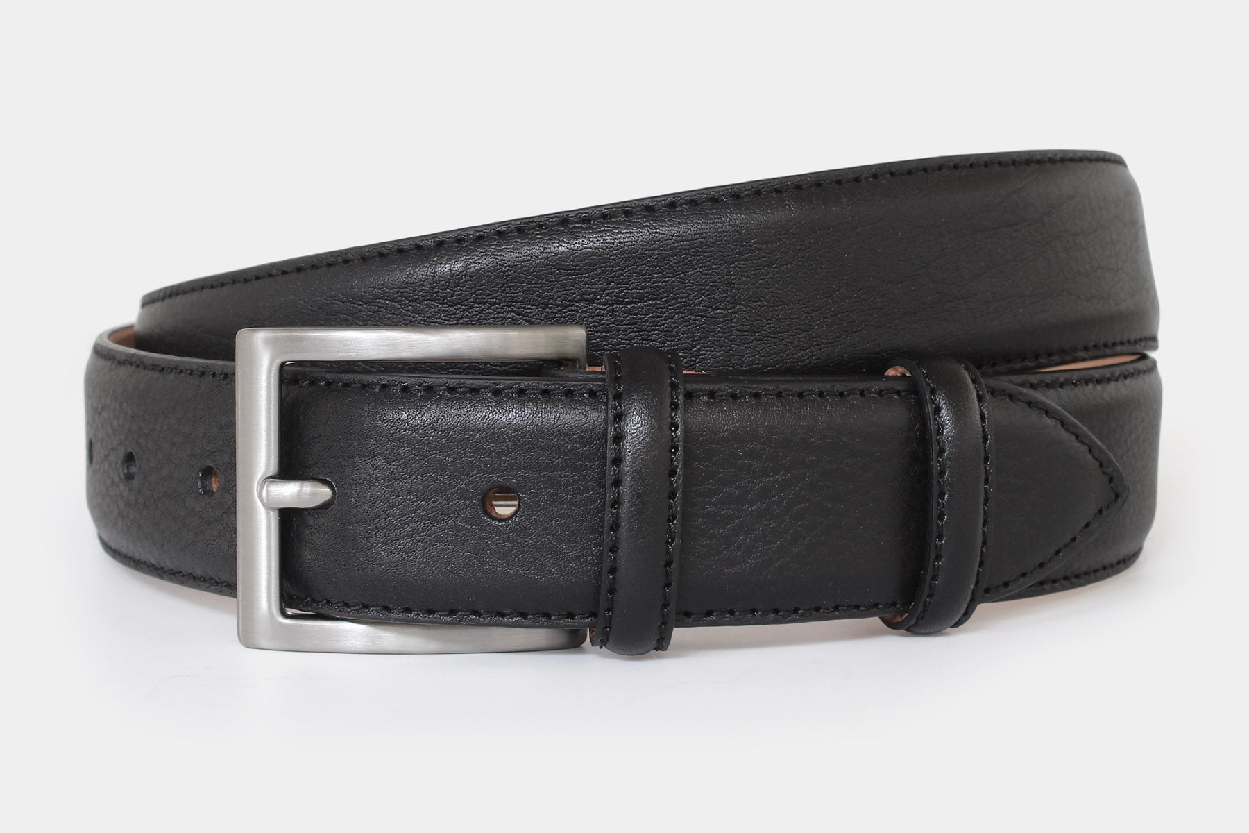 Men’s classic black grained Italian leather belt, handmade in Italy with silver buckle. 