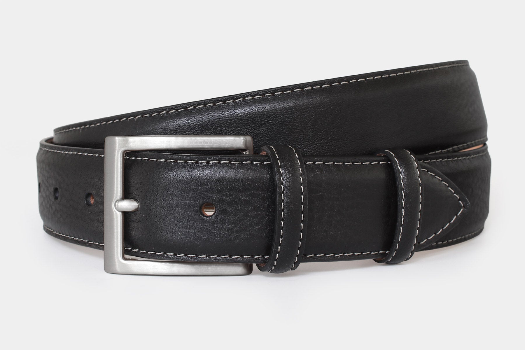 Men’s black grained Italian leather belt, handmade in Italy with silver buckle and contrast stitching. 35mm wide.