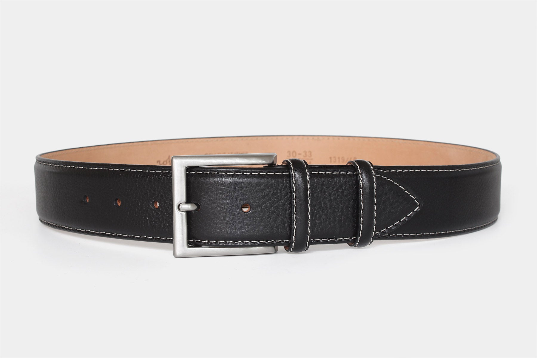 Men’s black vegetable-tanned grained Italian leather belt with silver buckle and contrast stitching. 40mm wide.