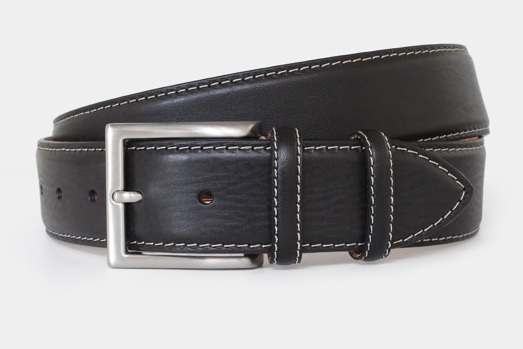 Men’s black grained Italian leather belt, handmade in Italy with silver buckle and contrast stitching. 40mm wide.