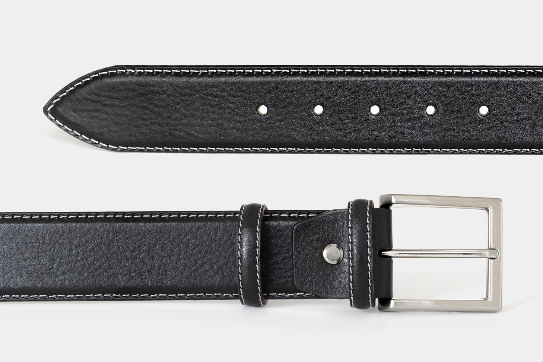 Men’s black Italian leather belt, handmade in Italy with silver buckle and contrast stitching detail