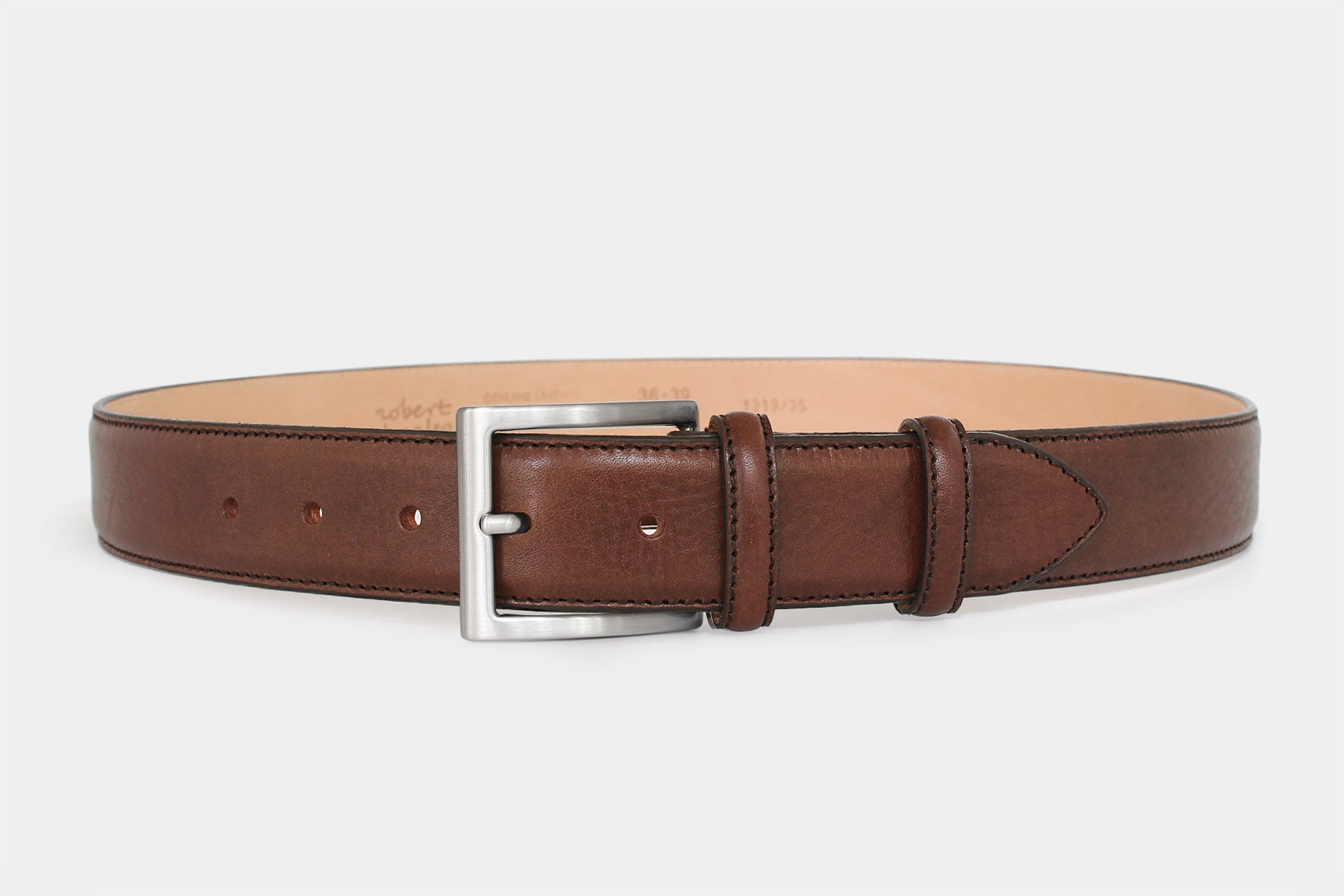 Men’s brown vegetable-tanned grained Italian leather belt with silver buckle. Handmade in Italy