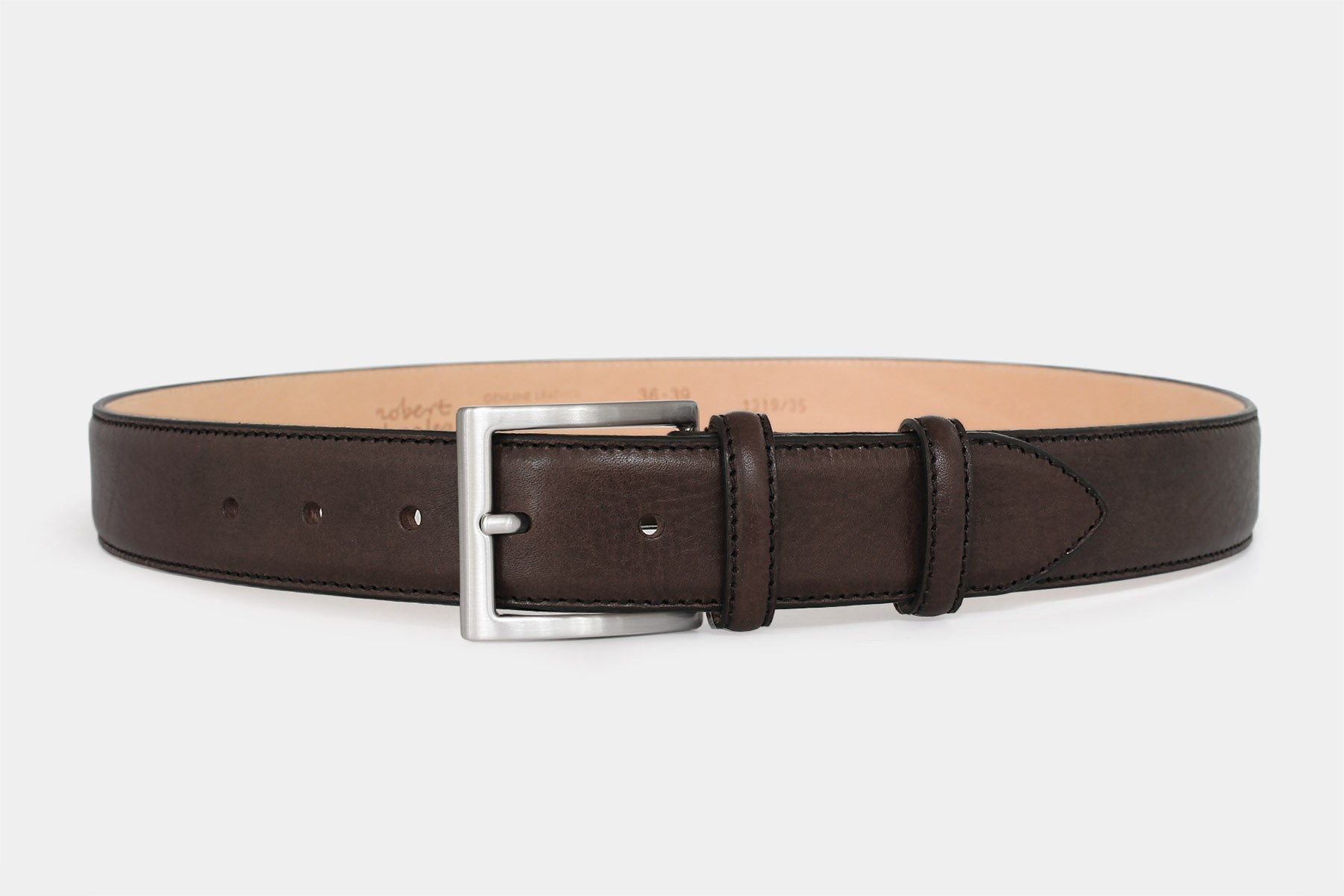 Men’s dark brown vegetable-tanned grained Italian leather belt with silver buckle. Handmade in Italy.