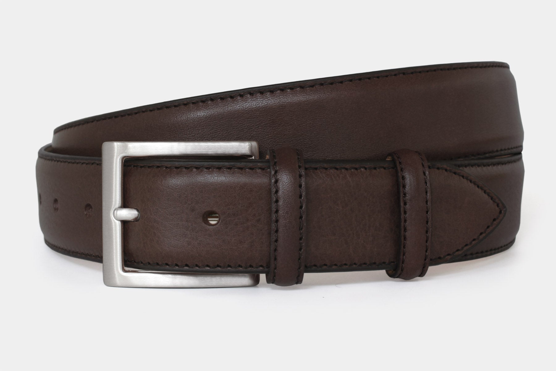 Men’s dark brown grained Italian leather belt, handmade in Italy with silver buckle. 