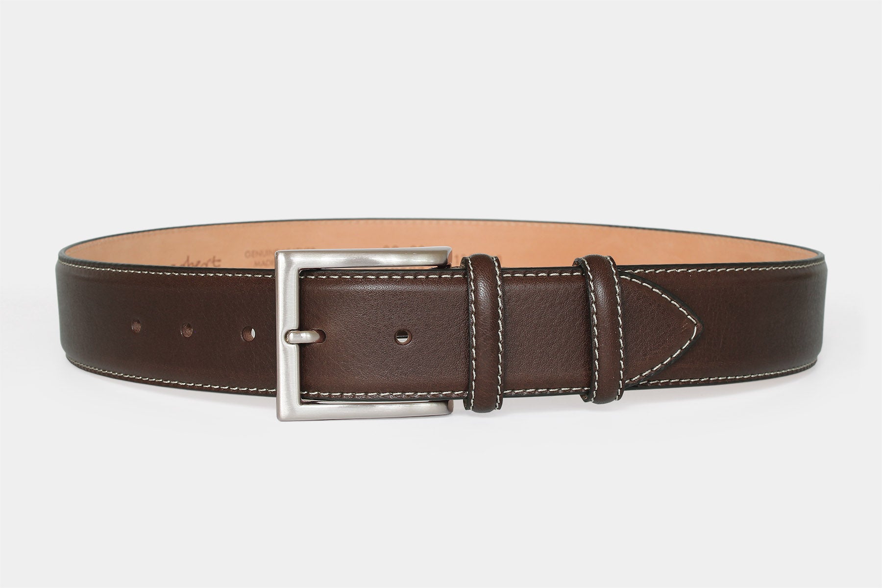 Men’s dark brown vegetable-tanned grained Italian leather belt with silver buckle. Made in Italy. 40 mm wide