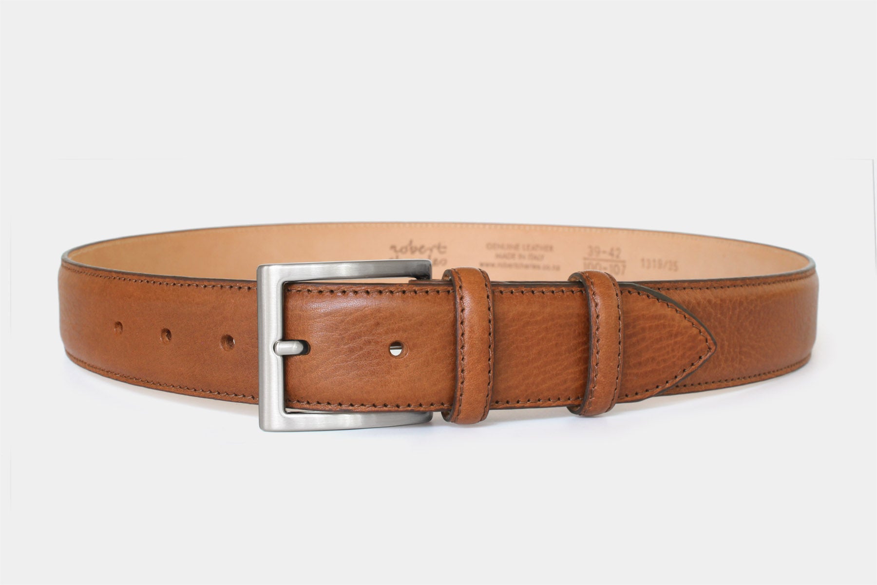 Men’s tan vegetable-tanned grained Italian leather belt with silver buckle. Handmade in Italy.